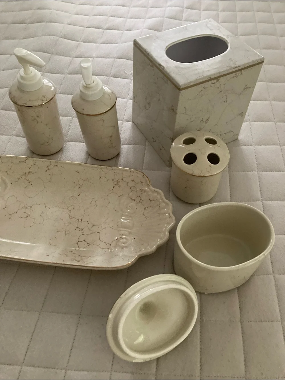 Cream/Beige Marble Style Bathroom Ceramic Accessory Set - 7-Piece